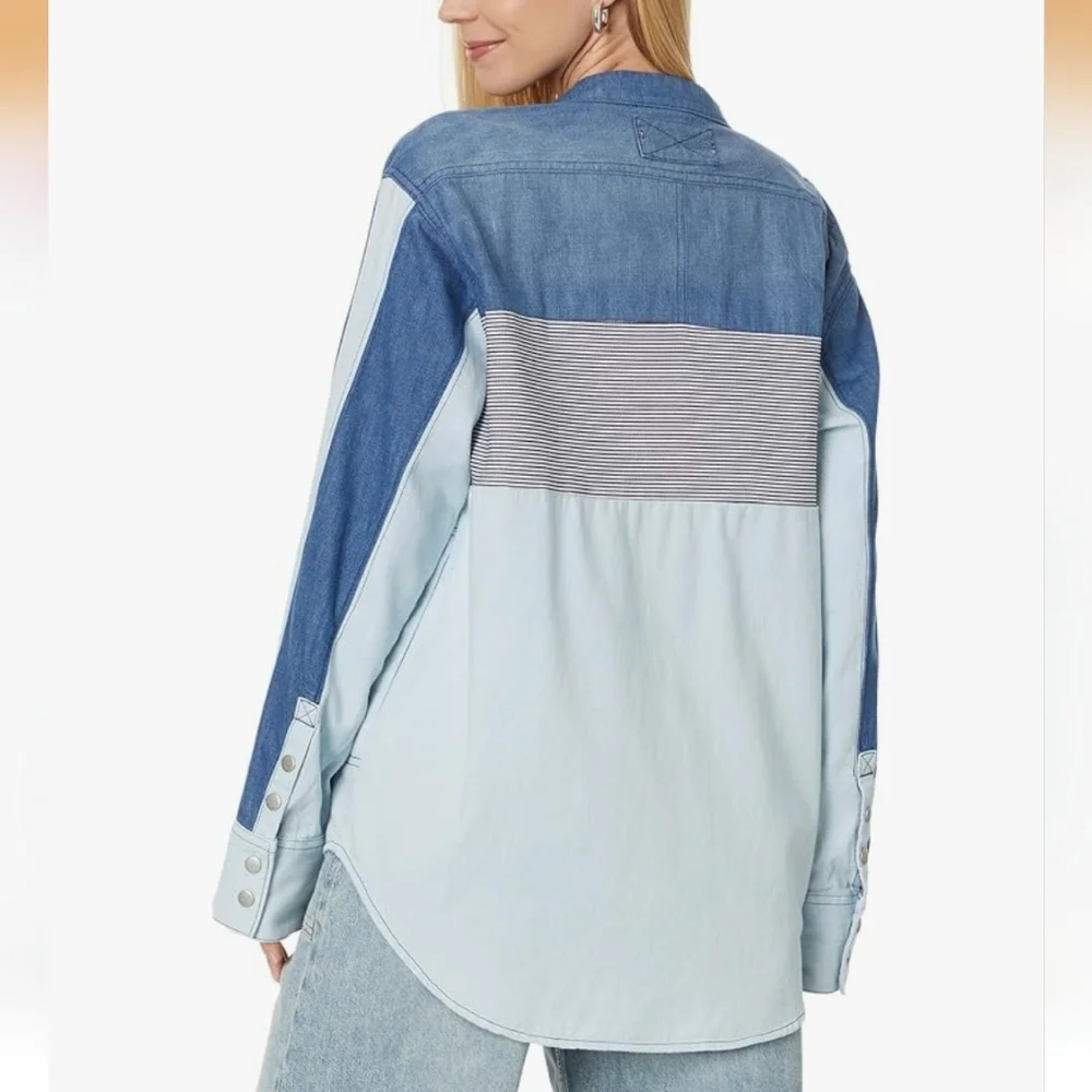 Free People Motto Color Block Shirt Blue Combo Size XL NWT